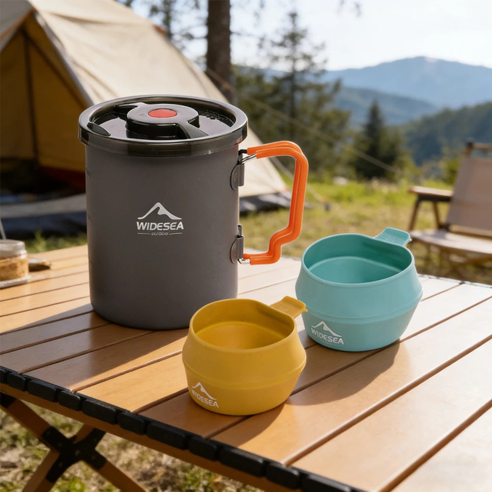 Widesea Camping Coffee Pot Set French Press Aluminum With Foldable Bowls