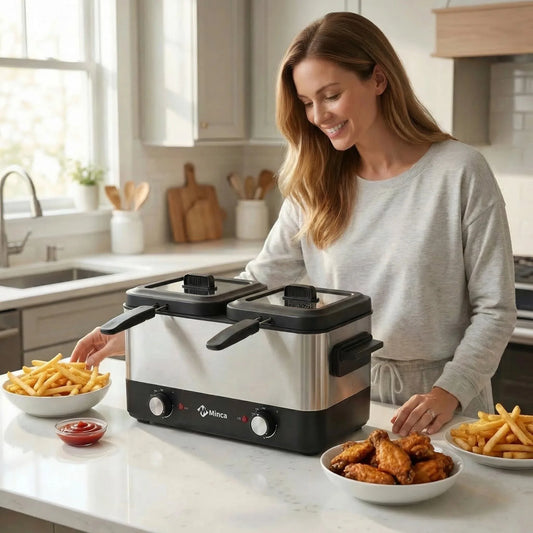 M Minca 1.5 Liters Deep Fryer with Detachable Dual Inner Liners & Double Cooking Baskets, Dual Thermostat Control, Safety Anti-Splash Cover, Heat Resistant Glass Lid, Easy Clean Home Deep Fat Fryer