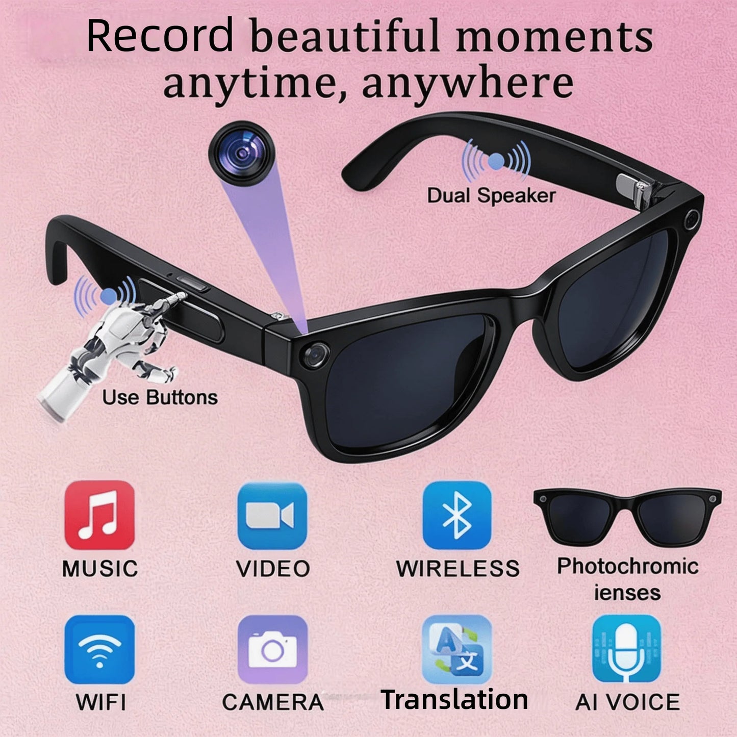 W O Camera 4K Glasses With AI Translator And Object Recognition