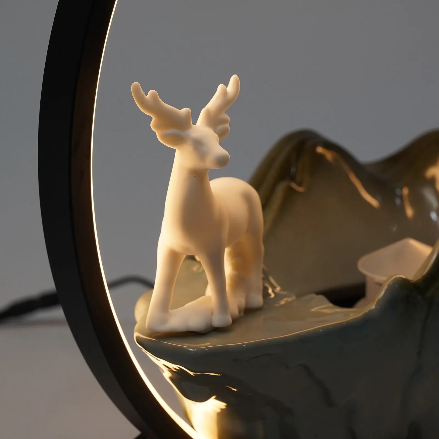 110V Ceramic Tabletop Fountain With LED Deer Figurine Pine Branches