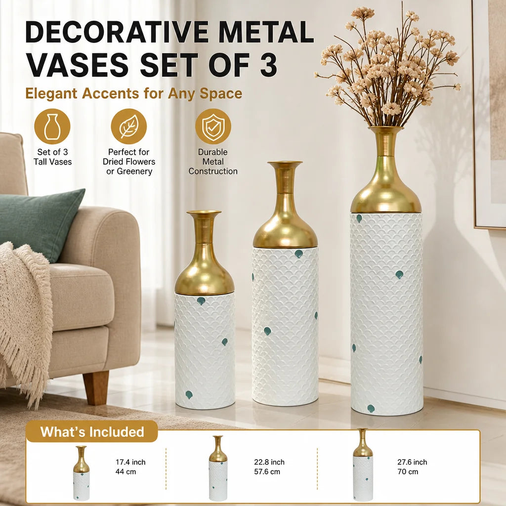 Set Of Three White And Gold Metal Floor Vases With Gold Leaf Pattern