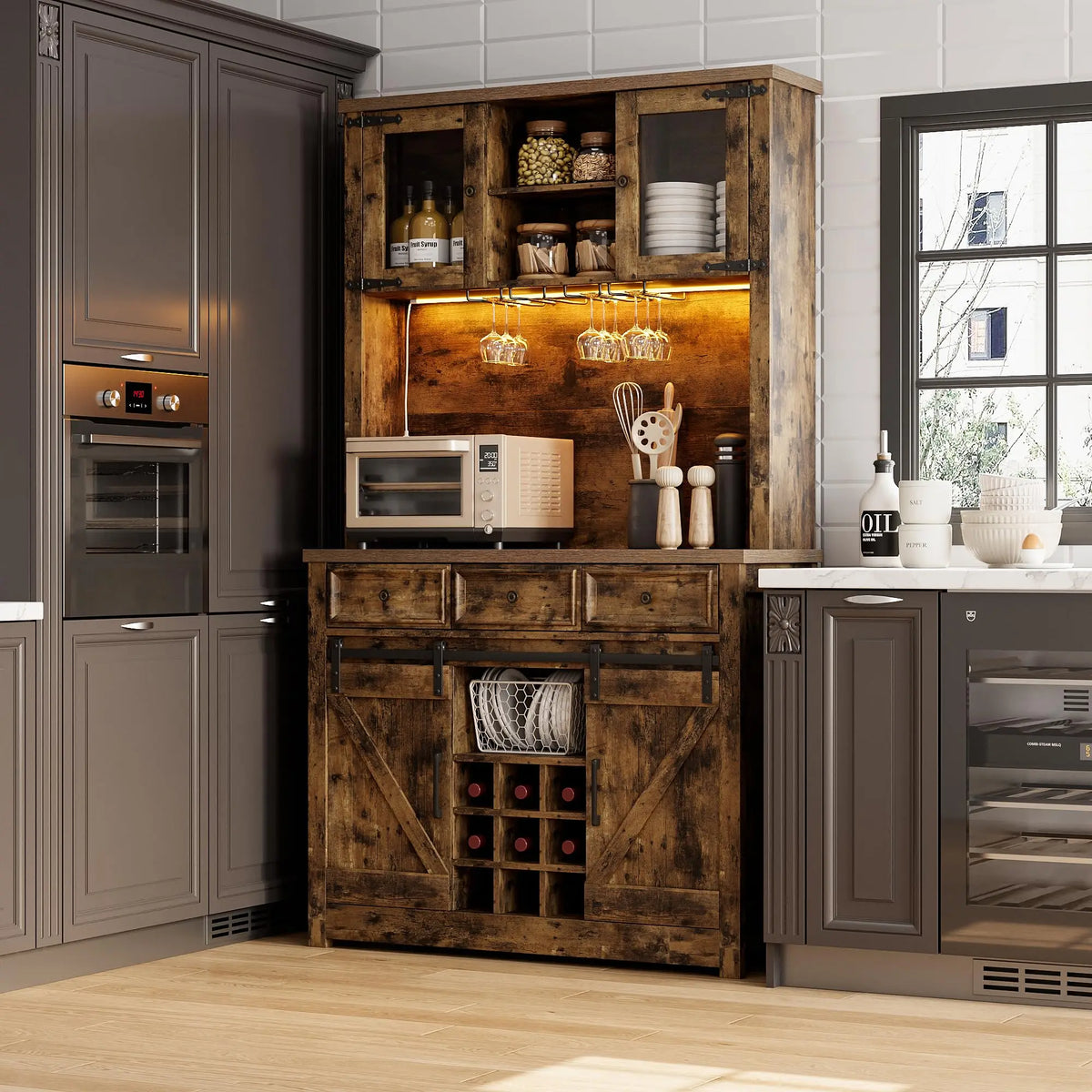 72 Inch Coffee Bar Cabinet With LED Lights And Power Outlets, Farmhouse Kitchen Buffet Hutch, Wine Rack, 3 Drawers And Sliding Barn Doors