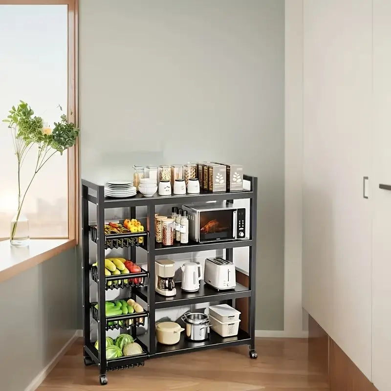 4-Stage Carbon Steel Kitchen Mobility Cart With Storage Baskets