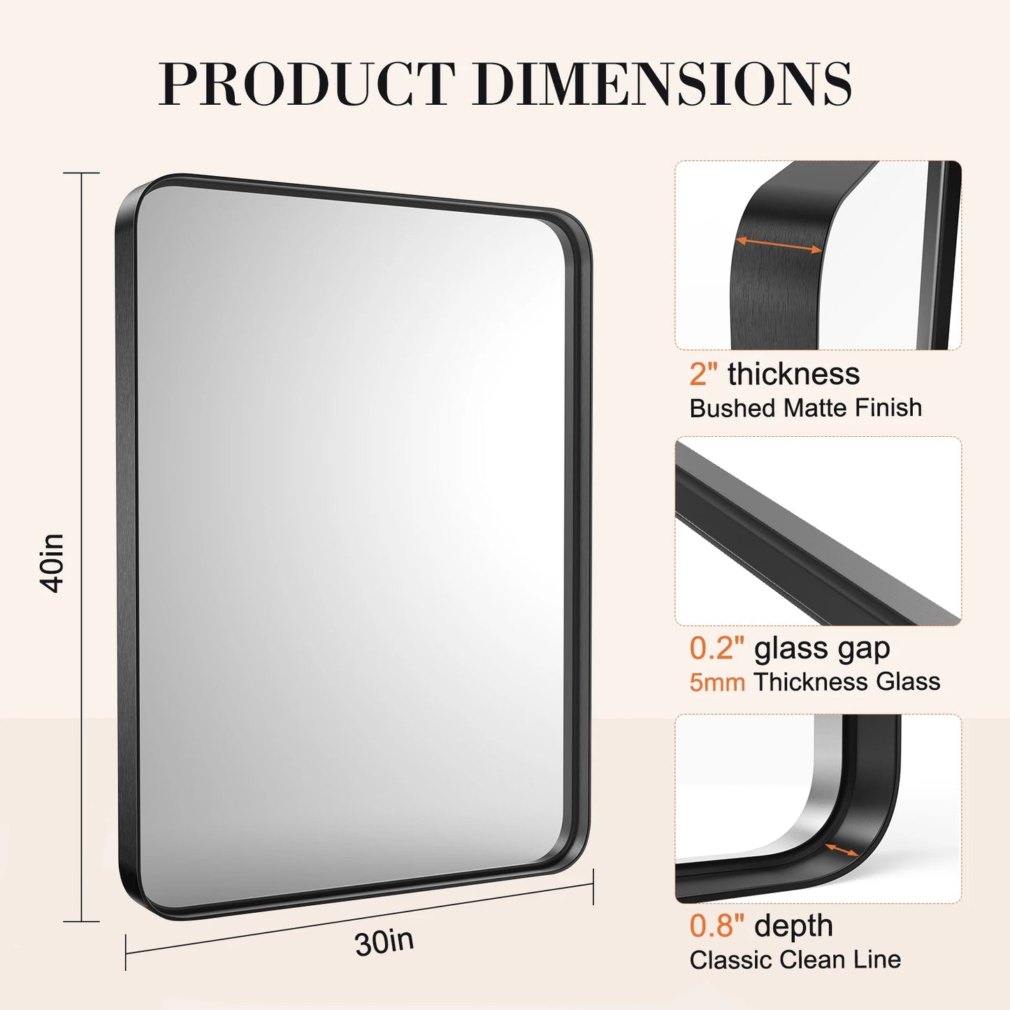 JHK Matte Metal Framed Bathroom Mirror Tempered Glass Wall Mount