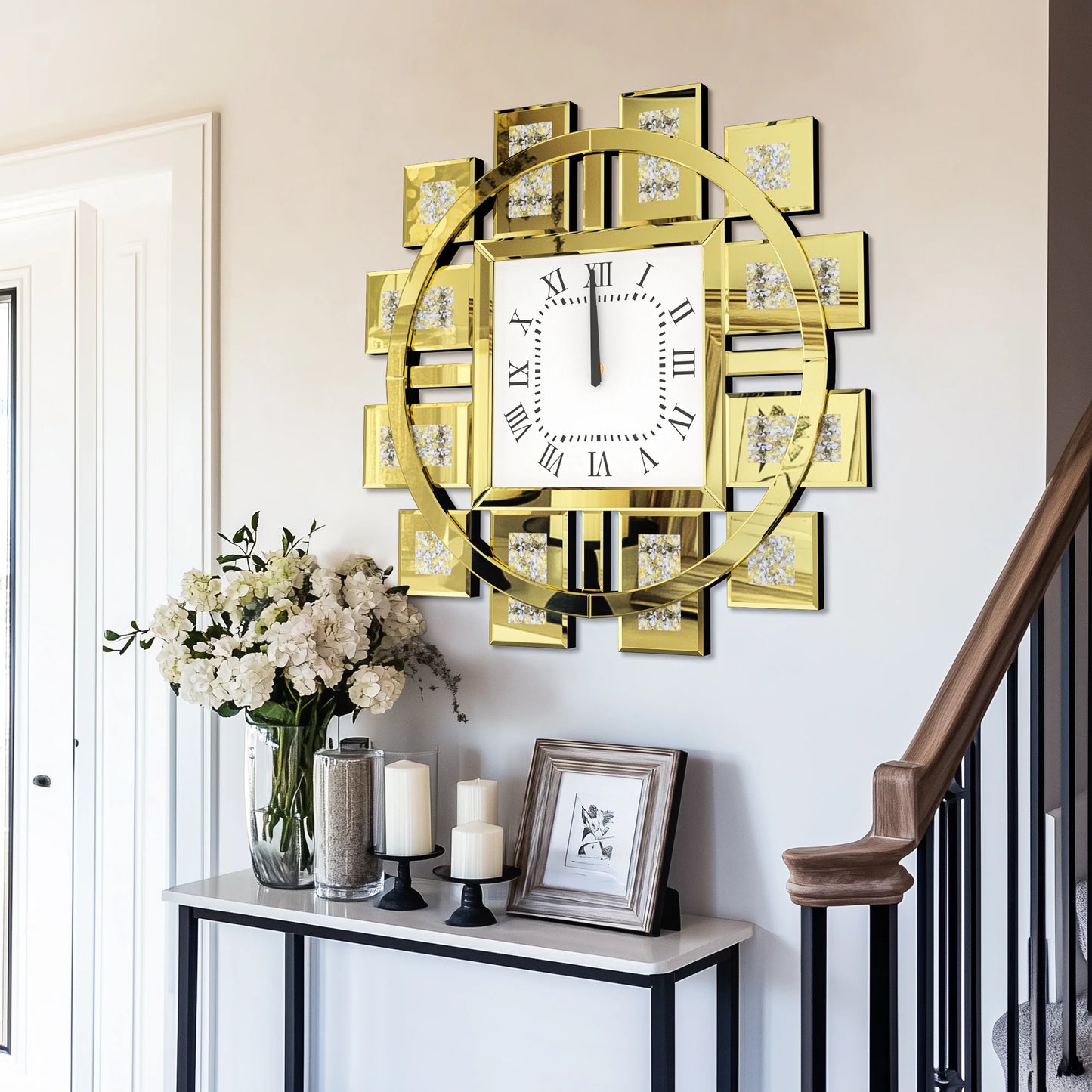 Crushed Diamond Mirrored Wall Clock Sparkle Bling Quartz Roman Numerals