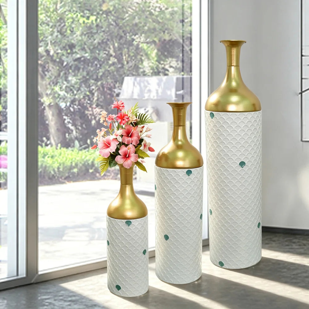 Set Of Three White And Gold Metal Floor Vases With Gold Leaf Pattern
