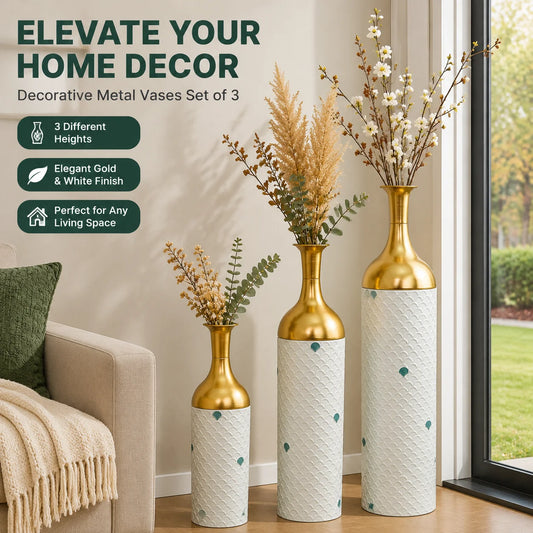 Set Of Three White And Gold Metal Floor Vases With Gold Leaf Pattern