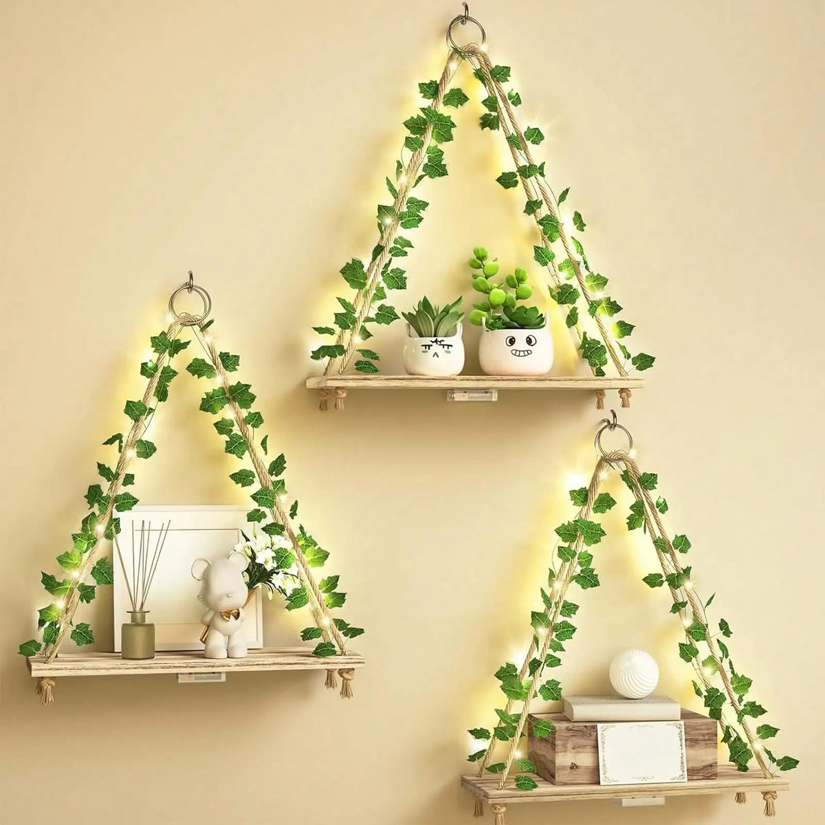 3 Pack Floating Shelves With LED And Ivy, Boho Wall Display