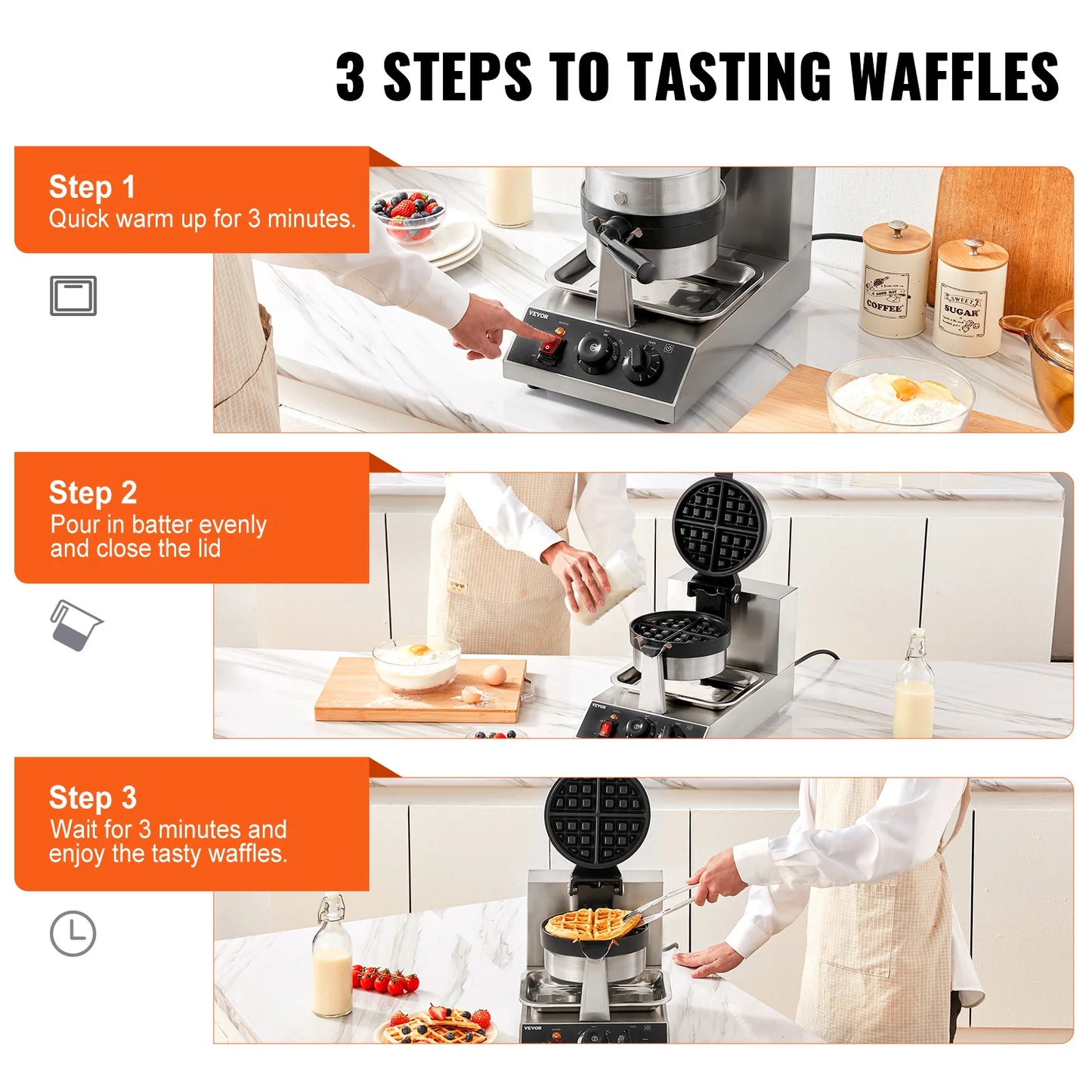 VEVOR Electric Waffle Maker Stainless Steel Round Waffle Iron Nonstick