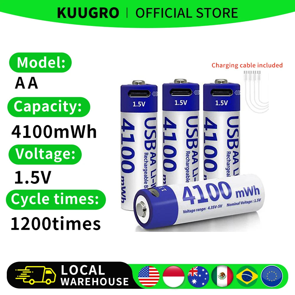 Kuugro USB Rechargeable AA Battery 1.5V 4100mWh Type-C Li-Ion