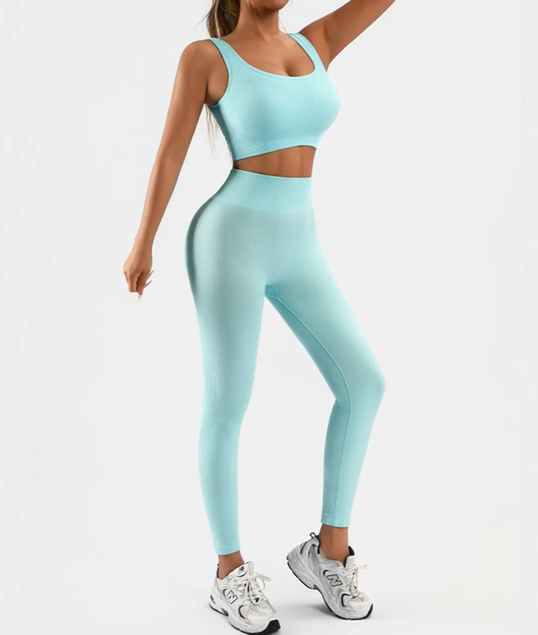 Womens Ribbed Tank 2 Piece Seamless High Waist Gym Set For Yoga