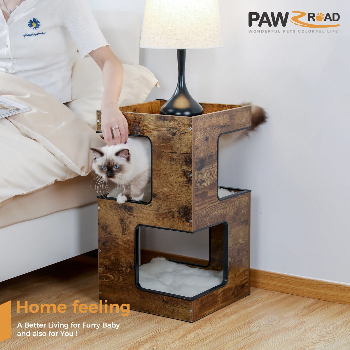 PAWZ Road Modern Wood Cat Condo House Bed With Scratching Pad