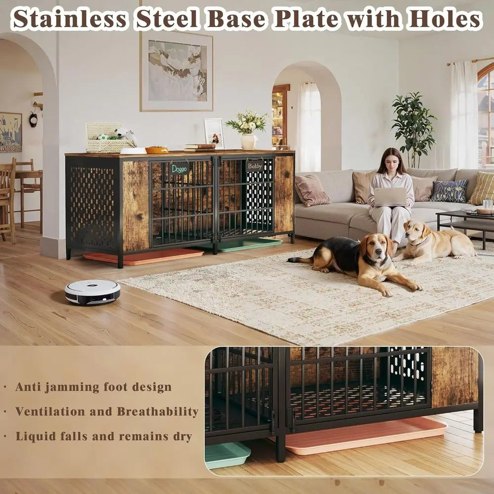 Sturdy Double Dog Kennel Cage Built With Metal And Wood