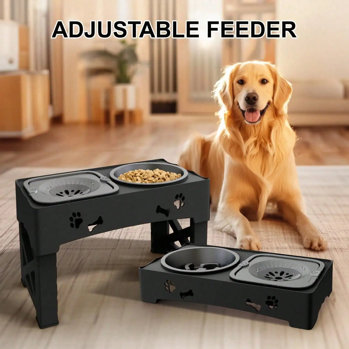 Adjustable Raised Dog Bowl Stand Anti Slip Dual Pet Feeder