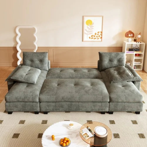 U-Shaped Sleeper Sofa w/pull-out bed: 2-in-1 couch bed, removable armrests, USB ports. Oversized modular sectional w/chaise