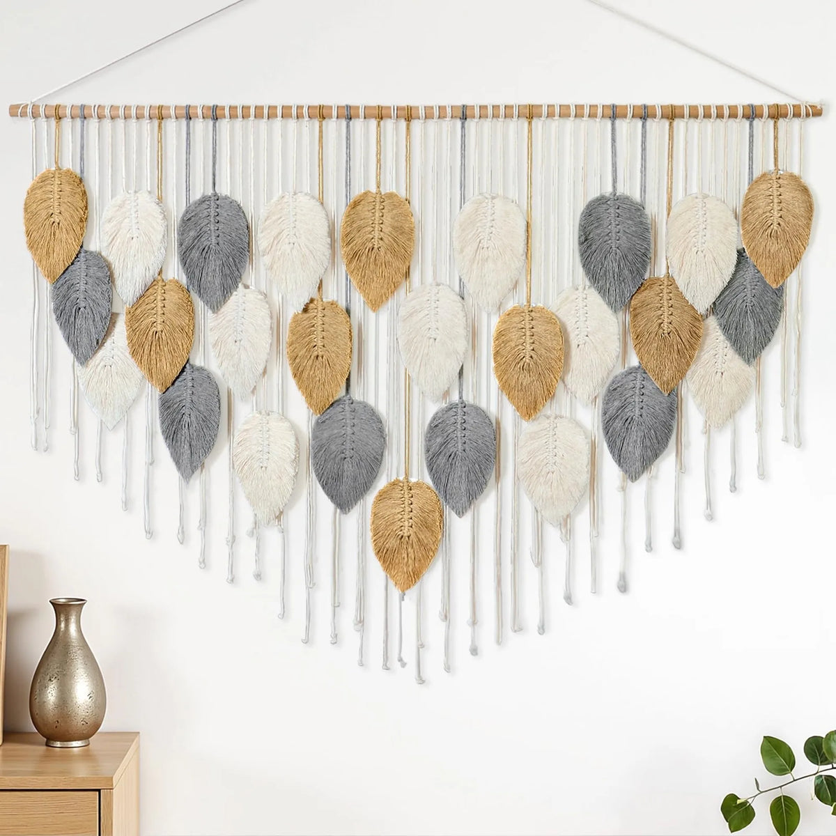 Handmade Boho Leaf and Feather Woven Cotton Wall Tapestry