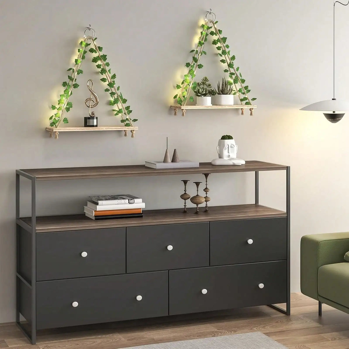 3 Pack Floating Shelves With LED And Ivy, Boho Wall Display