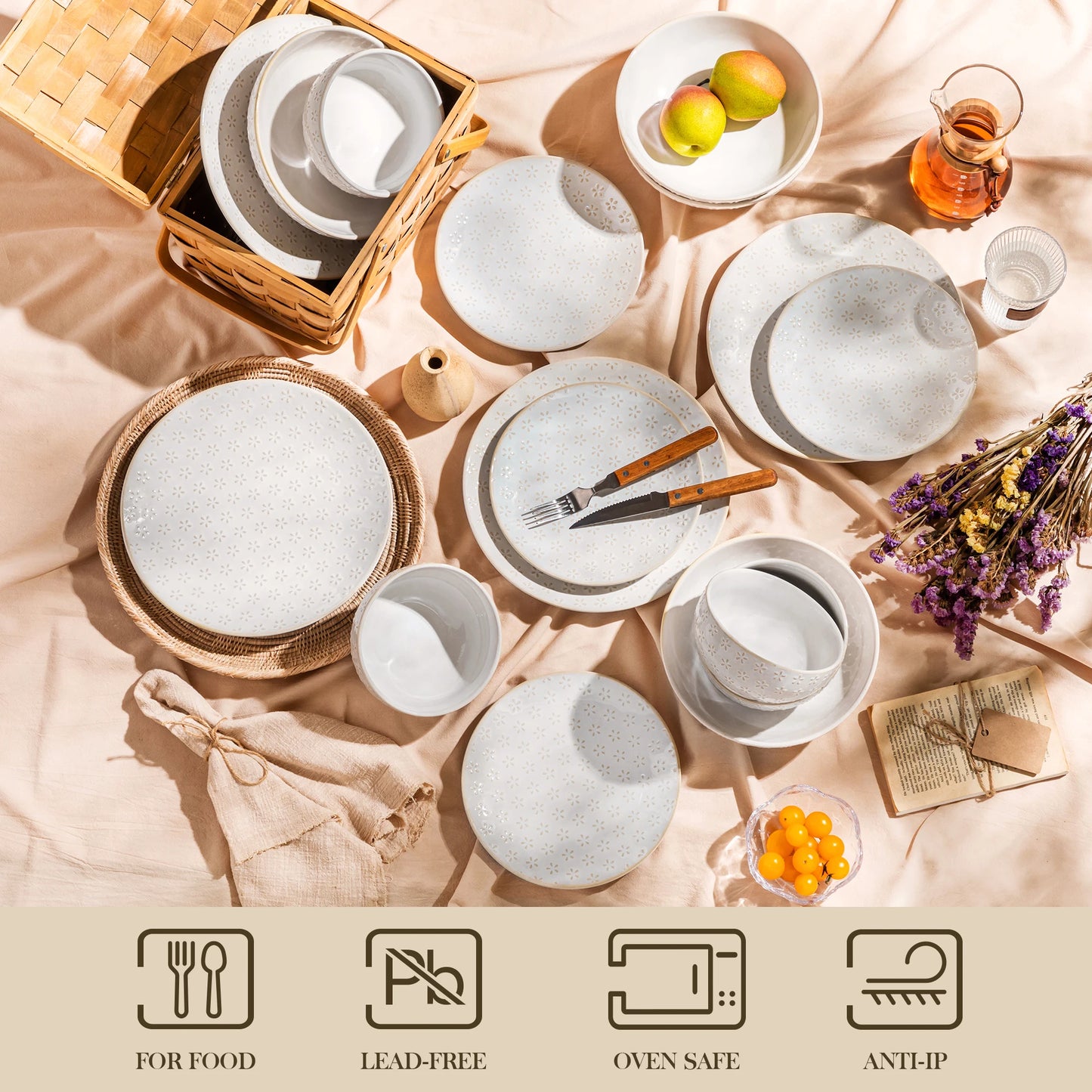 Malacasa Lydia Stoneware Dinner Set Embossed Dinnerware