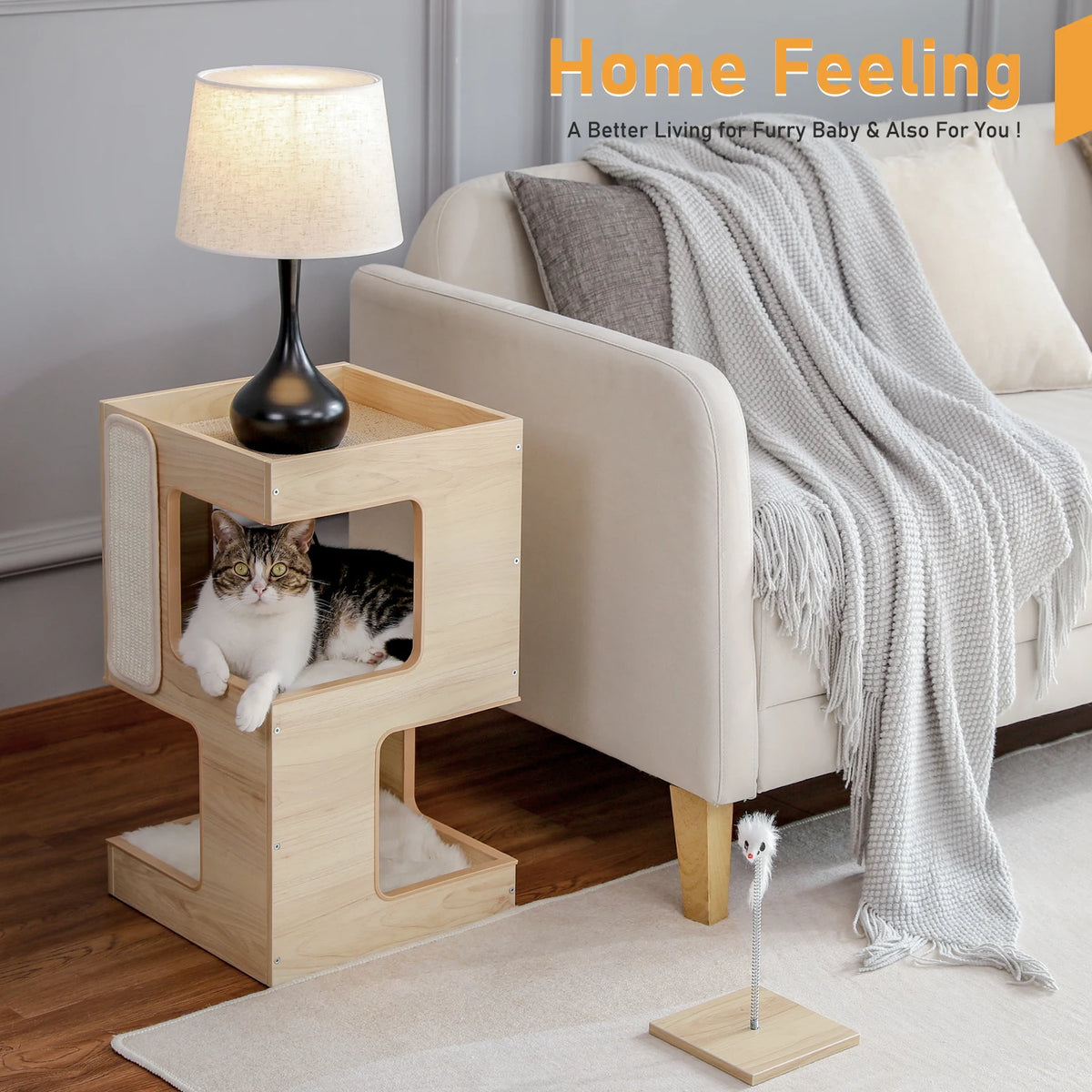 PAWZ Road Modern Wood Cat Condo House Bed With Scratching Pad