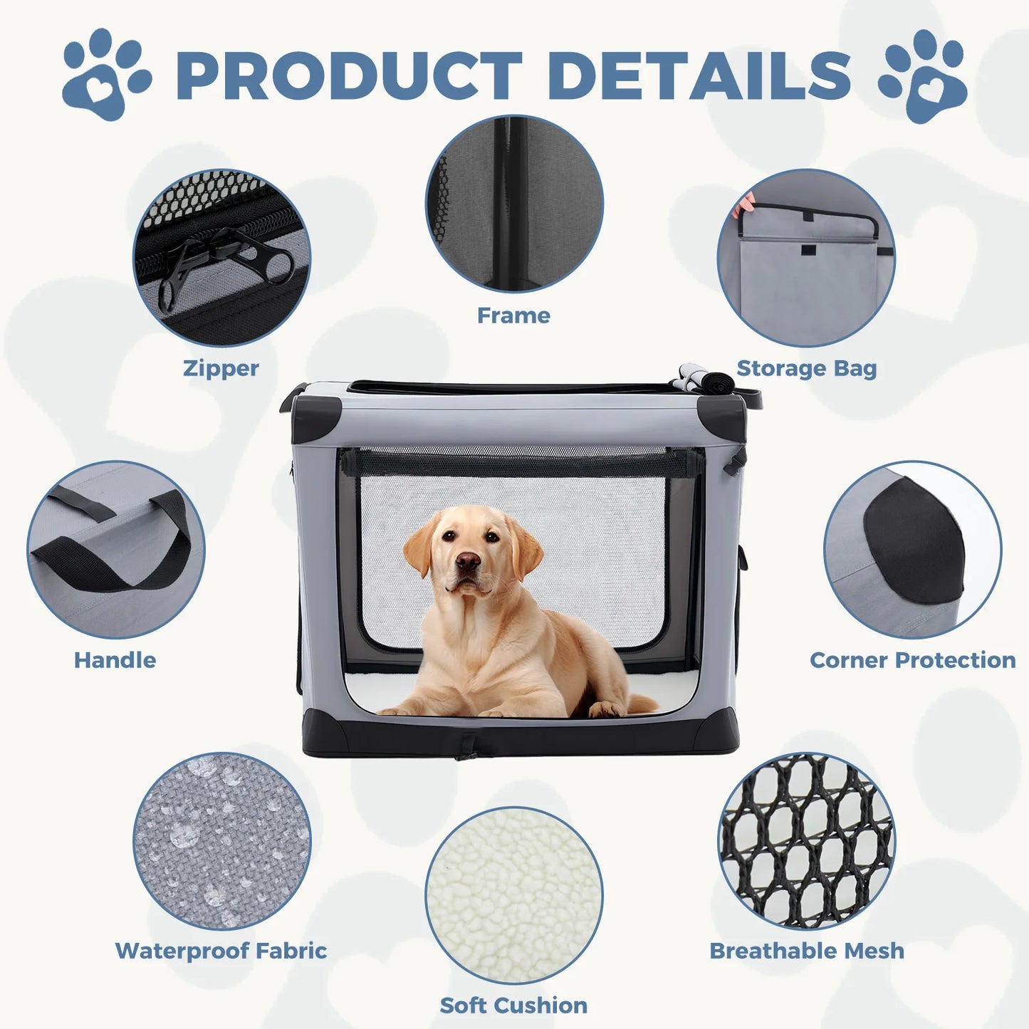 JHK Foldable Soft Dog Crate With Three Doors Portable Indoor