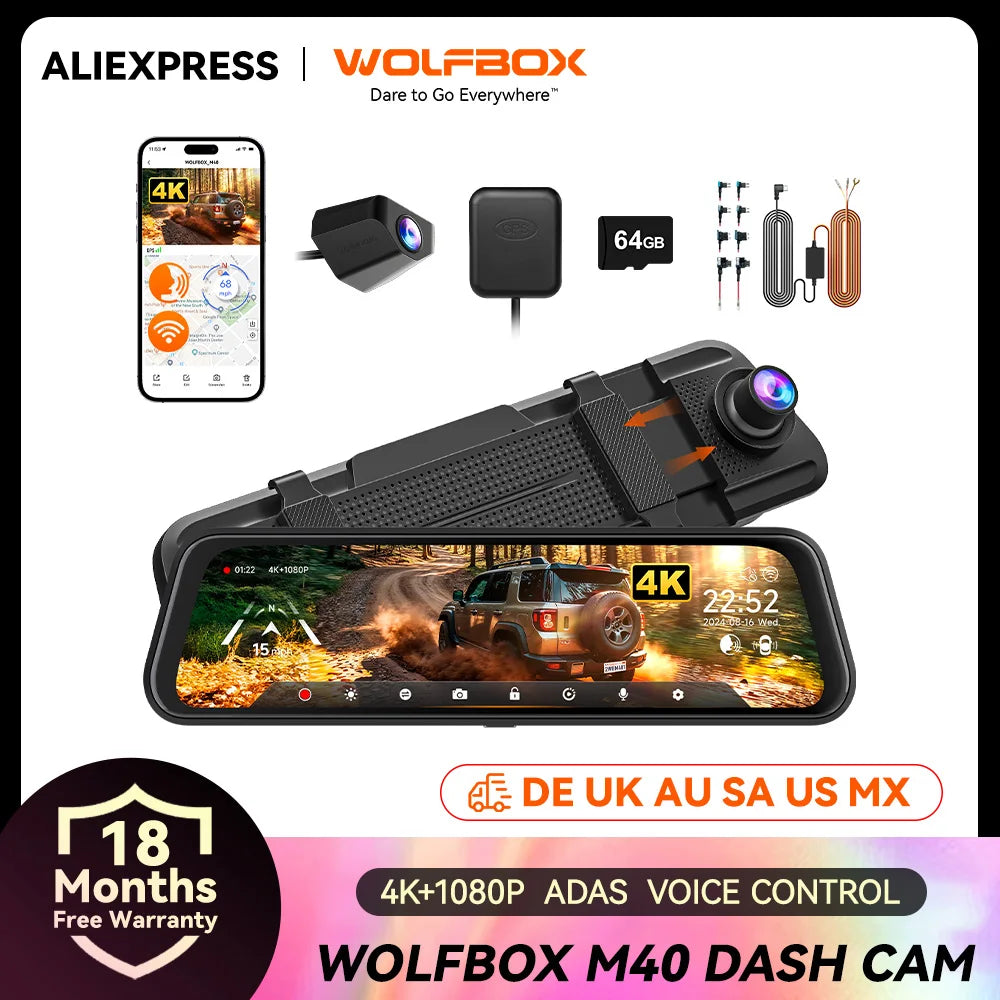 WOLFBOX M40 Dash Cam 4K 1080P With Voice Control GPS