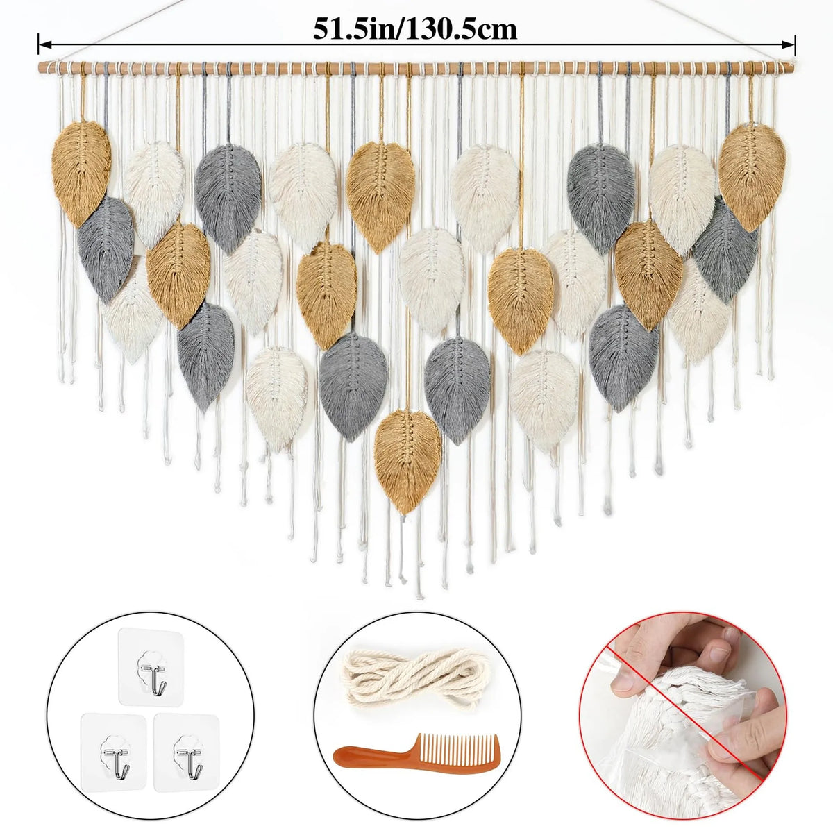 Handmade Boho Leaf and Feather Woven Cotton Wall Tapestry