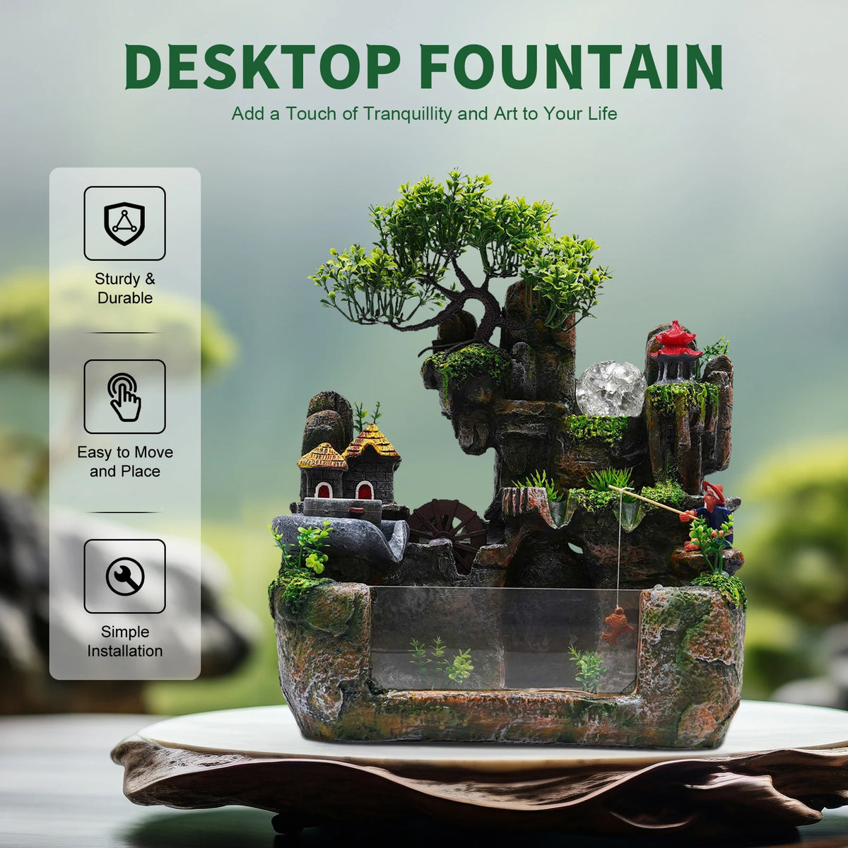 Feng Shui Resin Water Fountain With Rockery For Home Decor