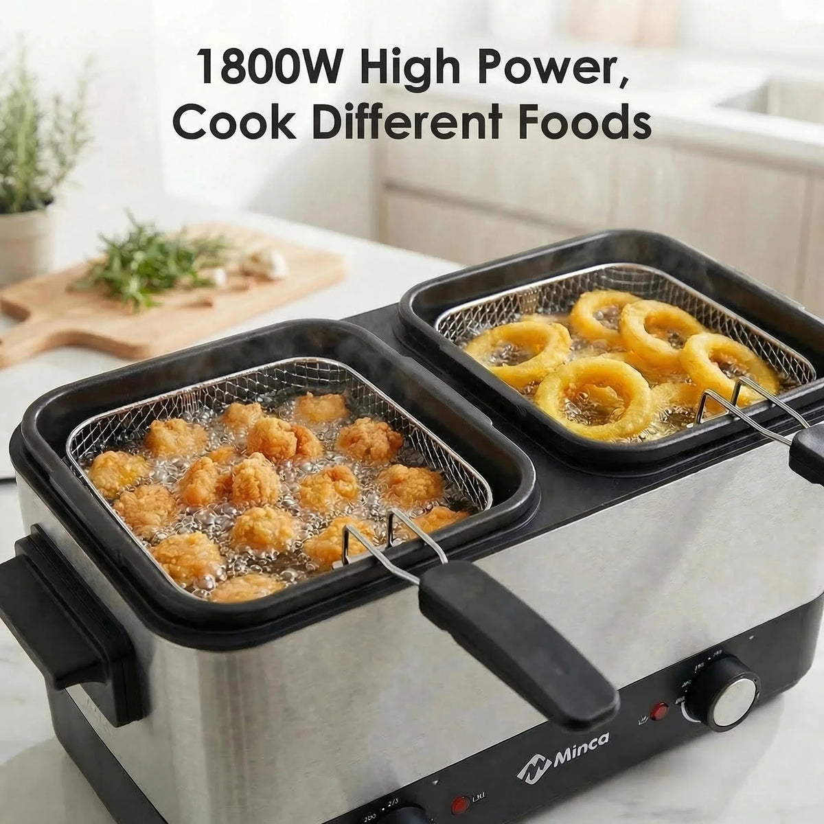M Minca 1.5 Liters Deep Fryer with Detachable Dual Inner Liners & Double Cooking Baskets, Dual Thermostat Control, Safety Anti-Splash Cover, Heat Resistant Glass Lid, Easy Clean Home Deep Fat Fryer