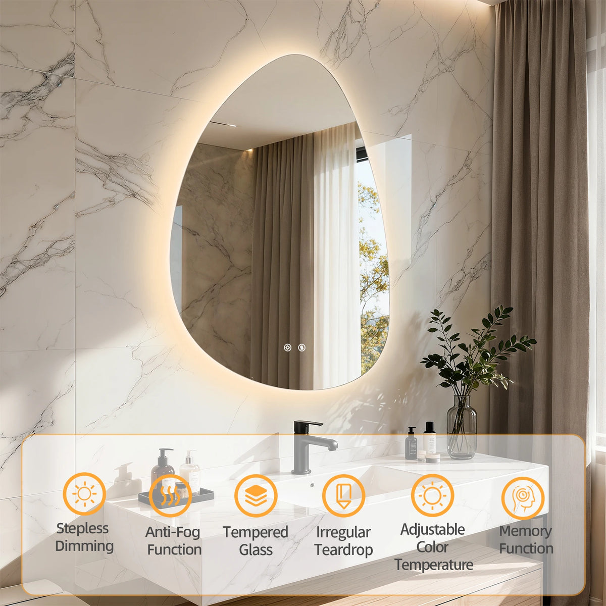 LED Bathroom Mirror Wall Mounted Vanity Mirror with 3 Lighting Colors, Touch Sensor, Anti-Fog, Backlit Light, Irregular Pebble Shape