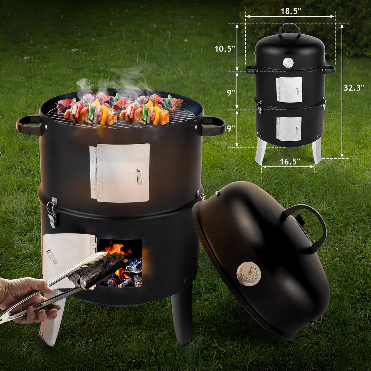 Vertical Steel Charcoal Smoker Heavy Duty Double Layer Round BBQ Grill for Outdoor Cooking Black with Thermometer Chrome Grates