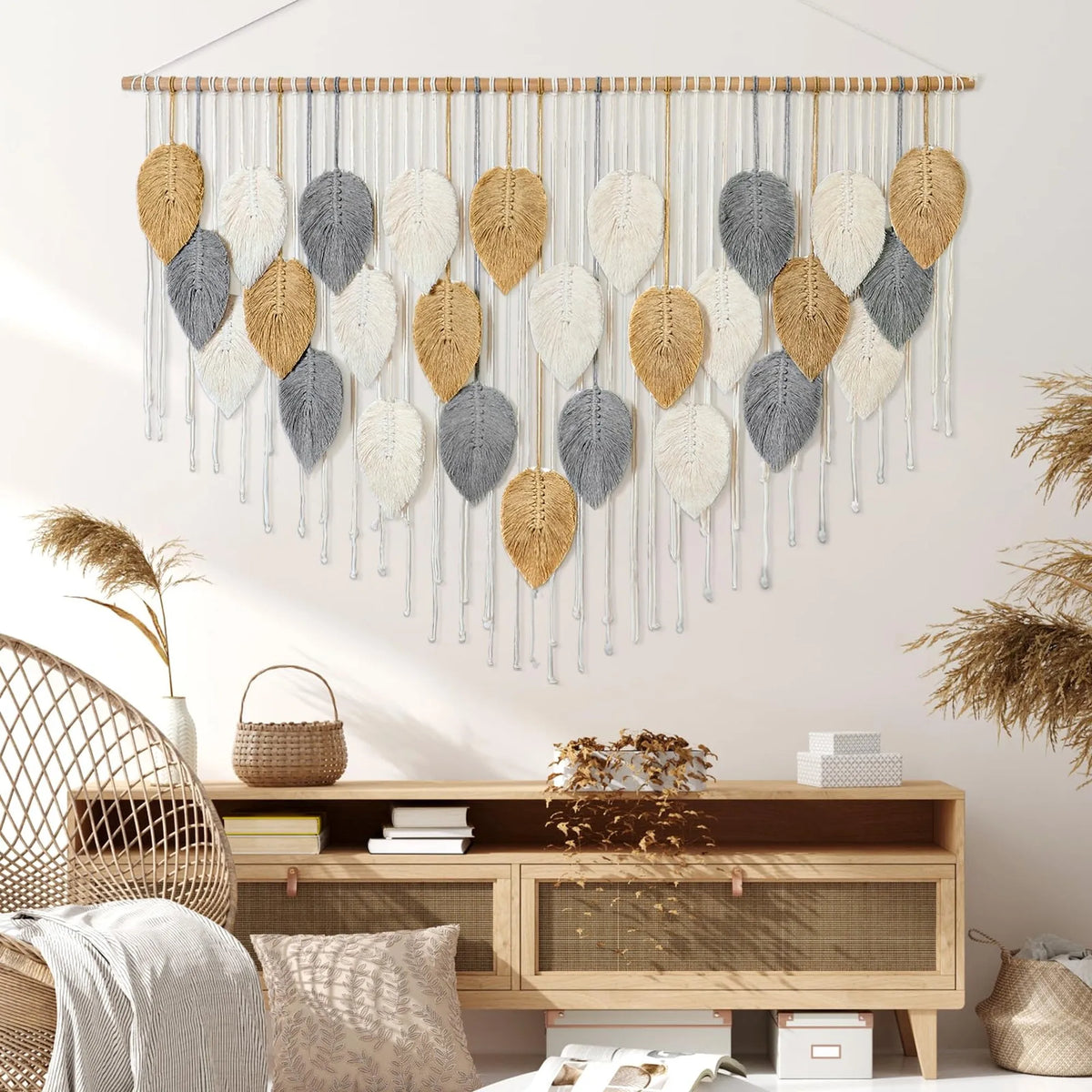 Handmade Boho Leaf and Feather Woven Cotton Wall Tapestry