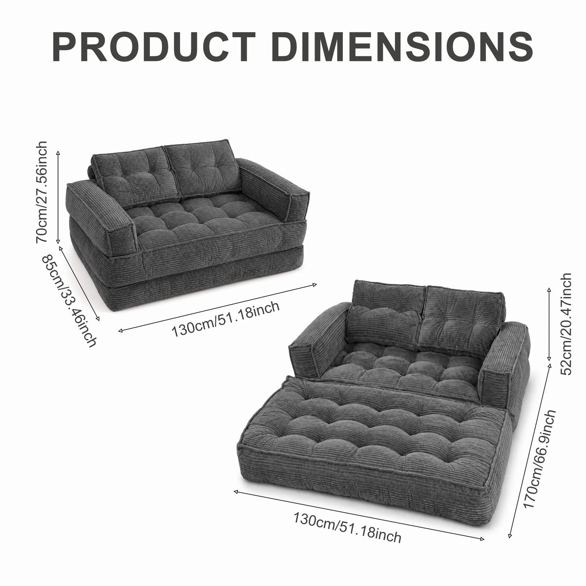 51" 2-Seater Modular Corduroy Sofa with Chaise, 2-in-1 Boneless Convertible Floor Couch, Lazy Double Sofa with Armrest for Living Room, Black