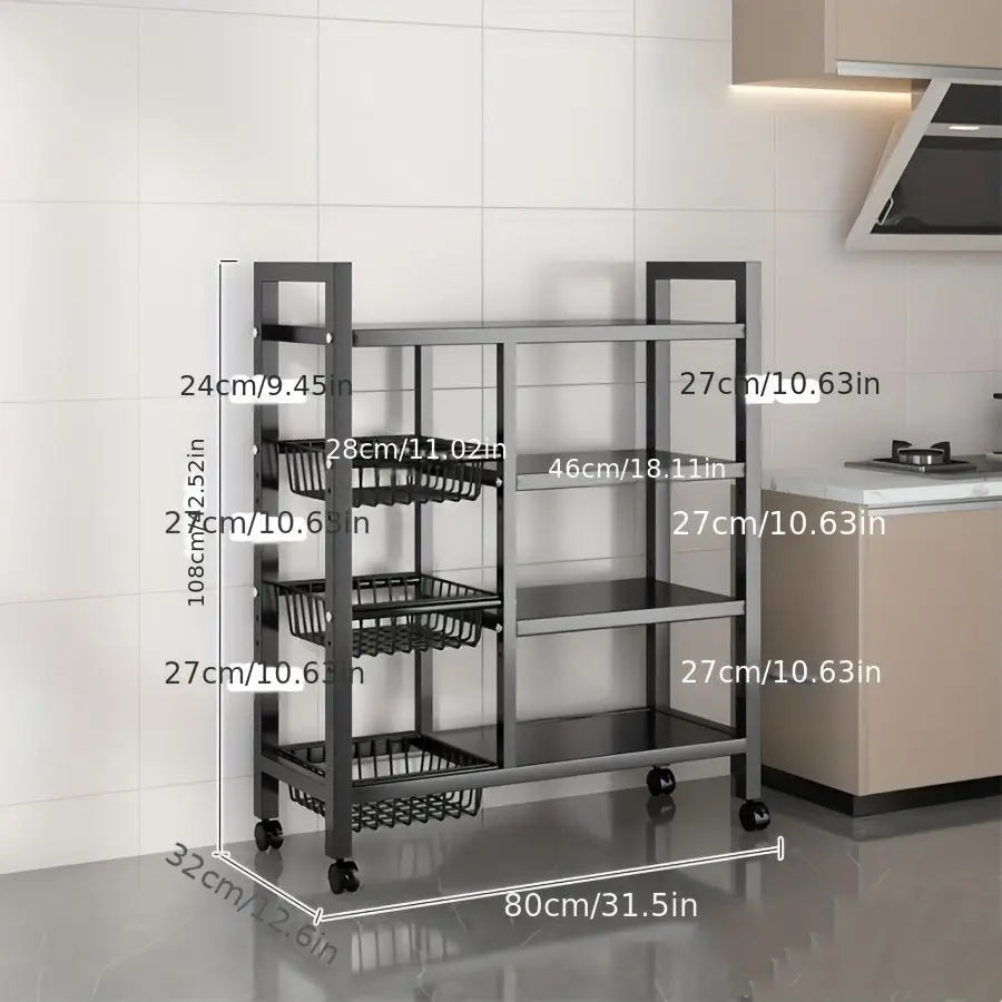 4-Stage Carbon Steel Kitchen Mobility Cart With Storage Baskets