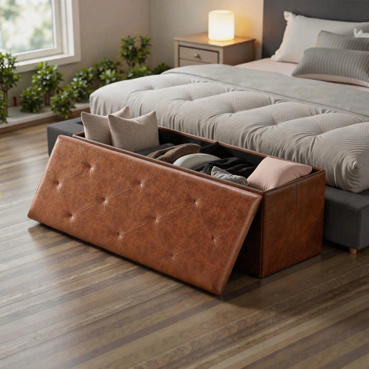 Tufted Faux Leather Storage Bench Ottoman With 400 Lb Capacity