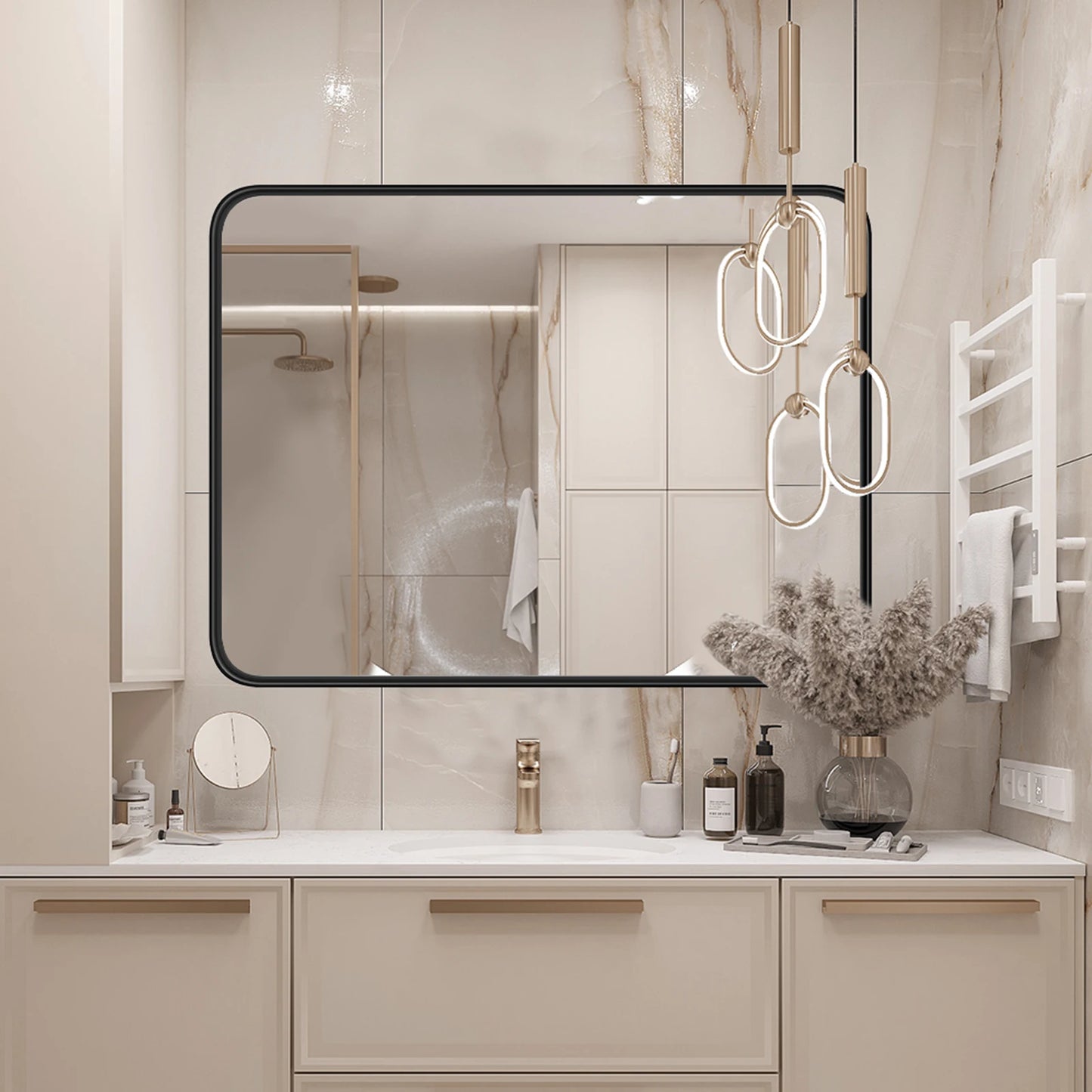 JHK Matte Metal Framed Bathroom Mirror Tempered Glass Wall Mount