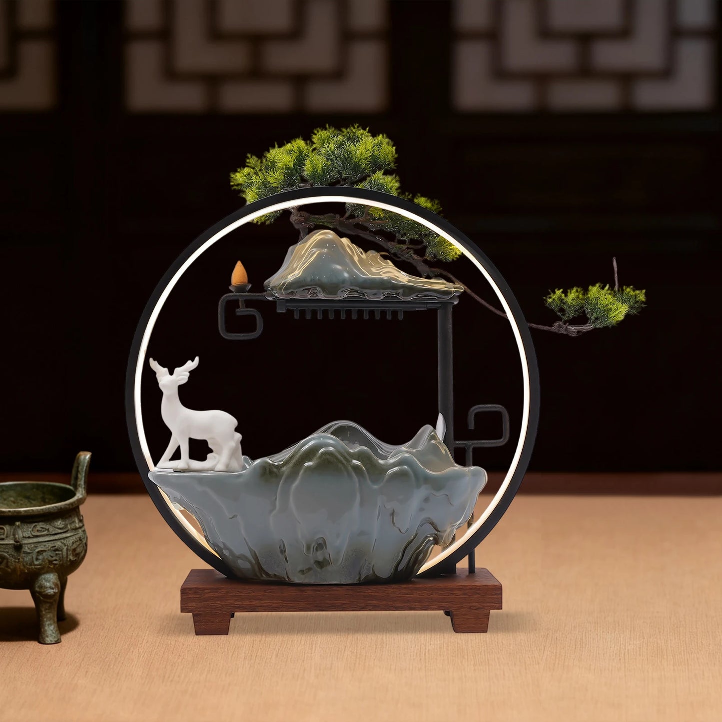 110V Ceramic Tabletop Fountain With LED Deer Figurine Pine Branches