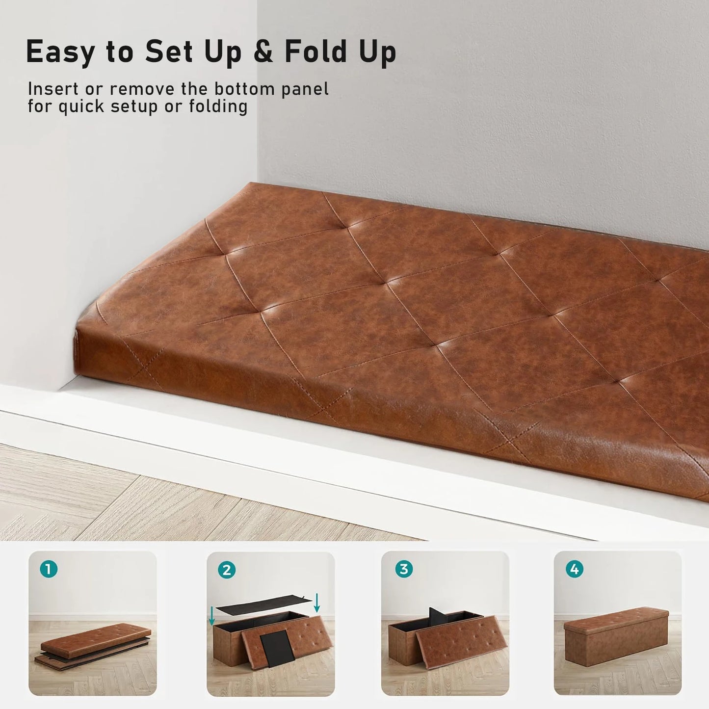 Tufted Faux Leather Storage Bench Ottoman With 400 Lb Capacity