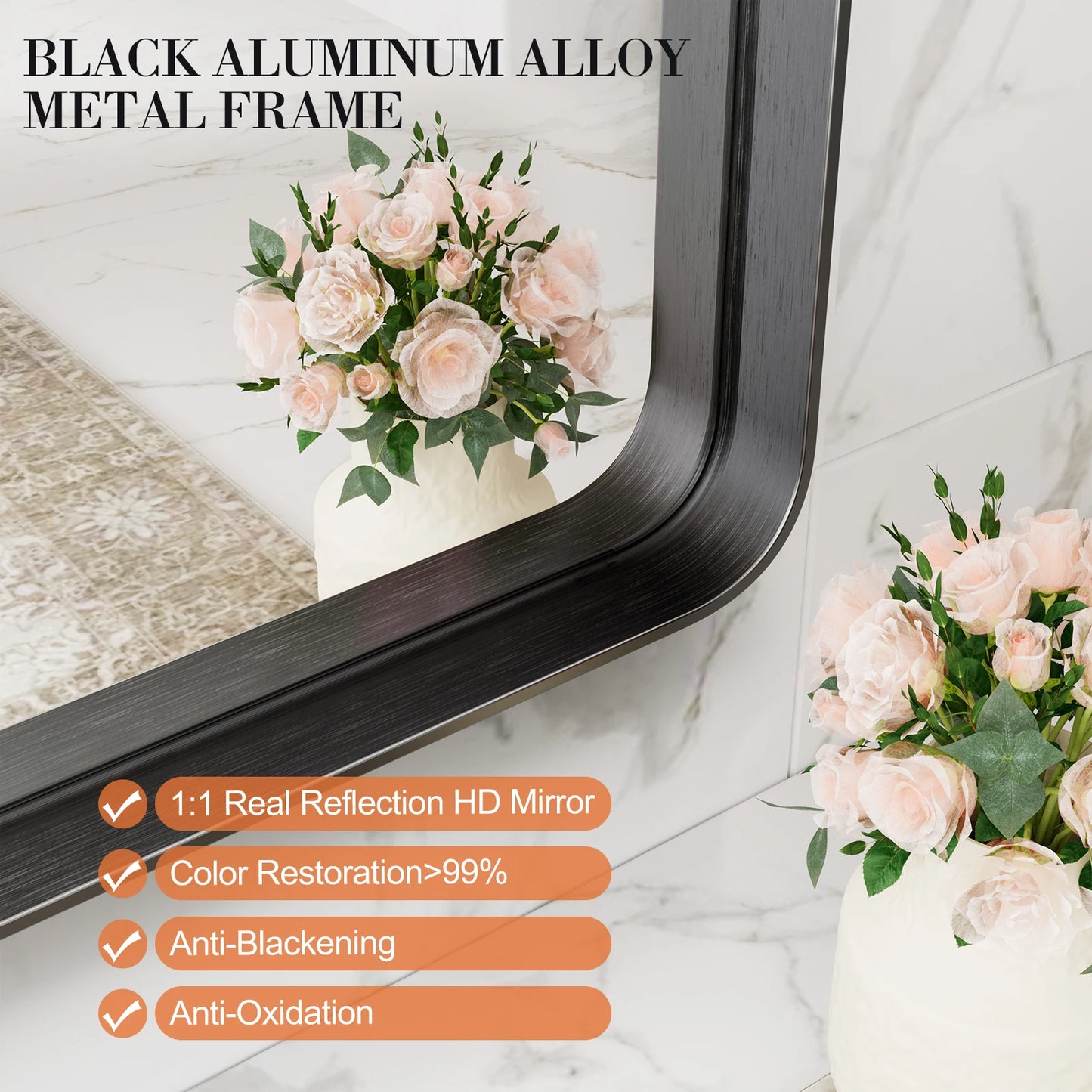 JHK Matte Metal Framed Bathroom Mirror Tempered Glass Wall Mount