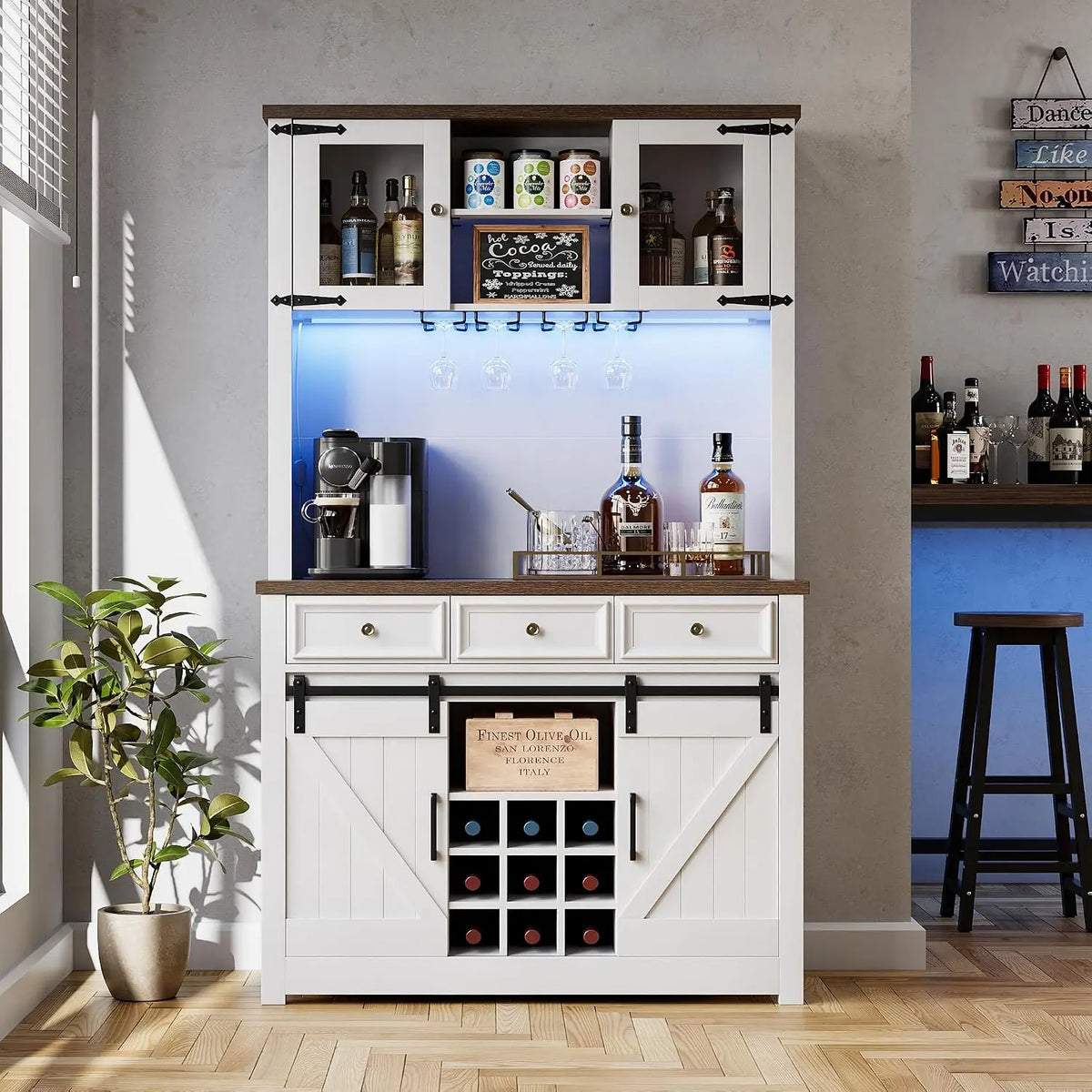 72 Inch Coffee Bar Cabinet With LED Lights And Power Outlets, Farmhouse Kitchen Buffet Hutch, Wine Rack, 3 Drawers And Sliding Barn Doors