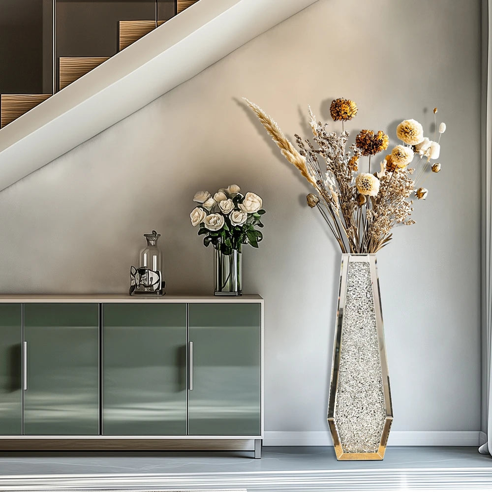 Luxury Crushed Diamond Mirrored Floor Glass Flower Vase