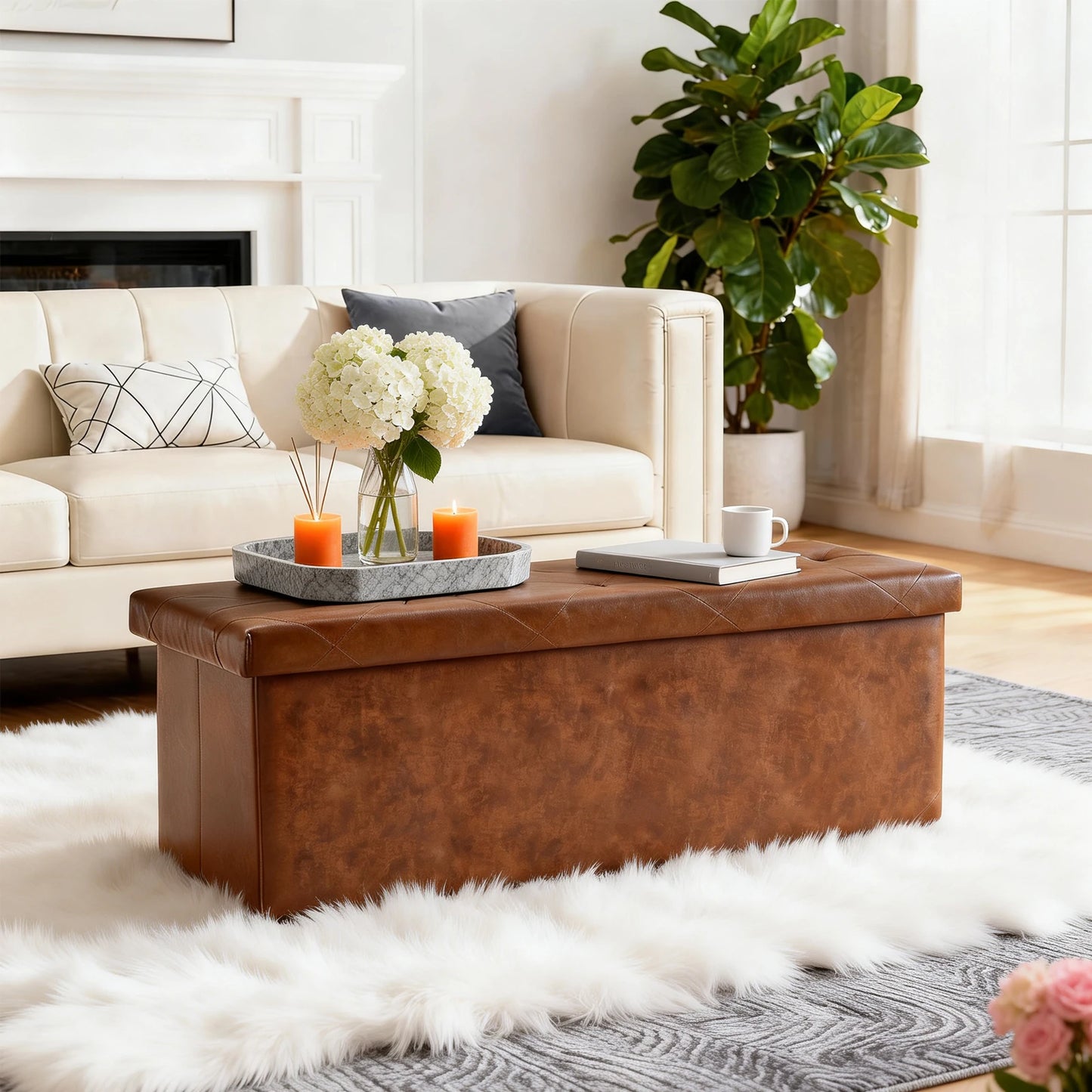 Tufted Faux Leather Storage Bench Ottoman With 400 Lb Capacity