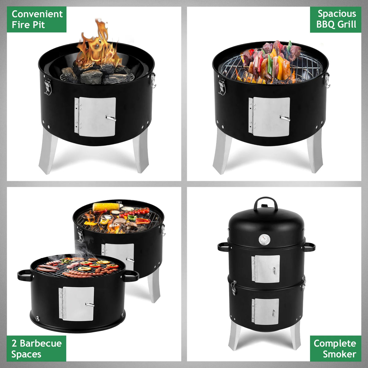 Vertical Steel Charcoal Smoker Heavy Duty Double Layer Round BBQ Grill for Outdoor Cooking Black with Thermometer Chrome Grates
