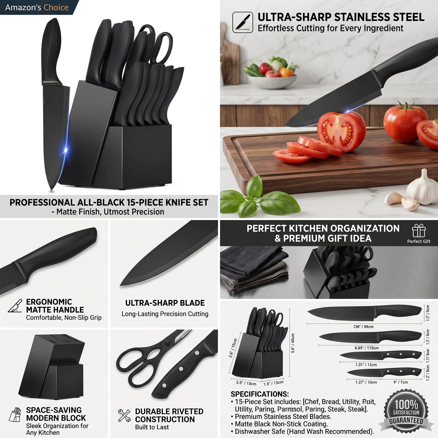 Stainless Steel Kitchen Knife Set With Block Sharpener Scissor