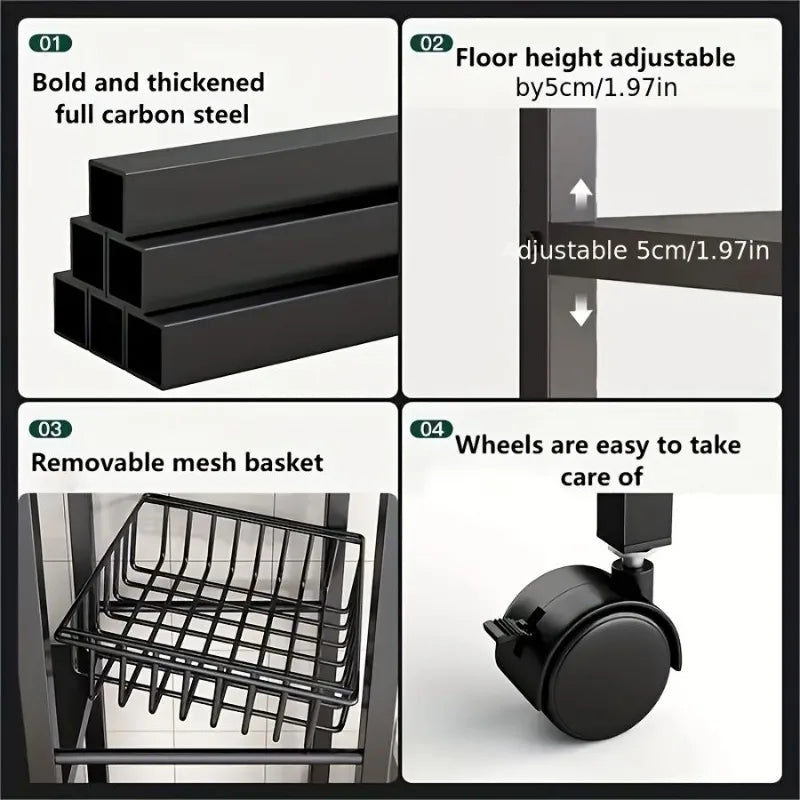 4-Stage Carbon Steel Kitchen Mobility Cart With Storage Baskets