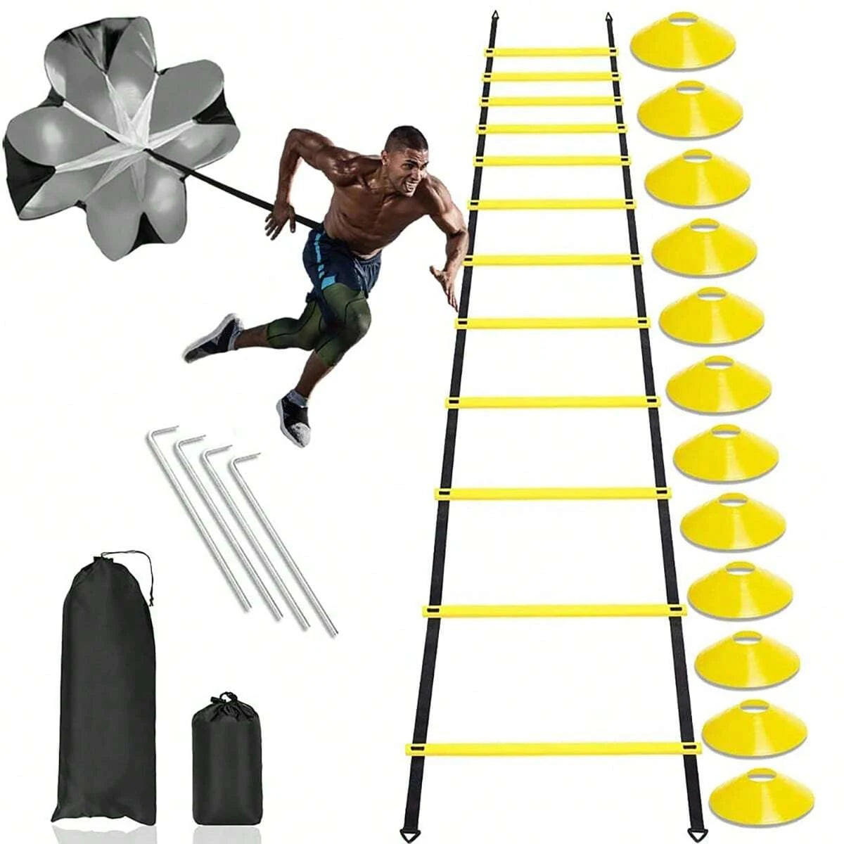 GKHMNEW Speed Agility Training Set With 12 Rung 20ft Ladder Cones Parachute