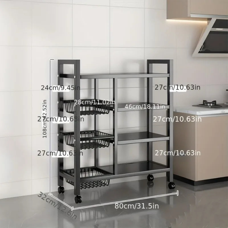 4-Stage Carbon Steel Kitchen Mobility Cart With Storage Baskets