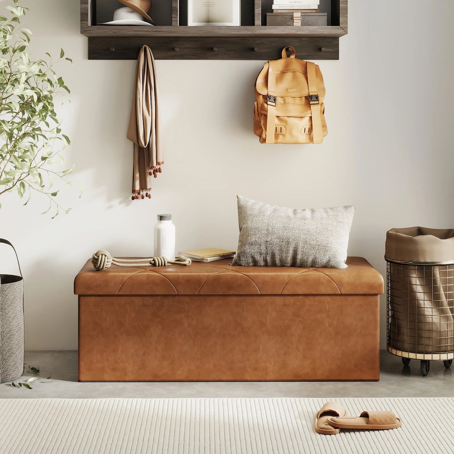 Tufted Faux Leather Storage Bench Ottoman With 400 Lb Capacity