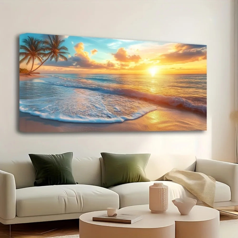 Natural Pine Wood Frame Ocean Sunset Coast Canvas Wall Art
