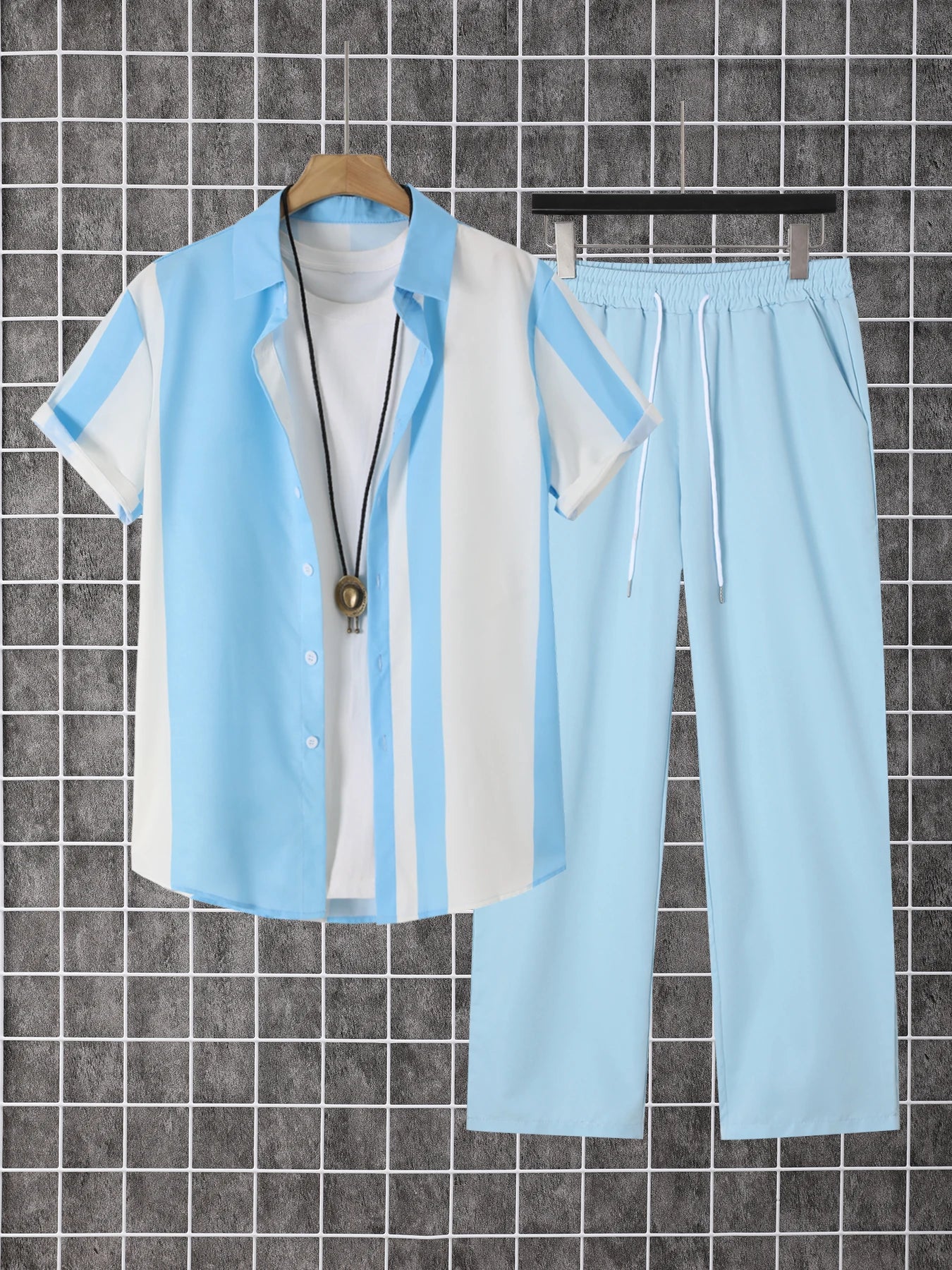 Printed Mens Summer Two Piece Short Sleeve Button Down Shirt And Pants Set