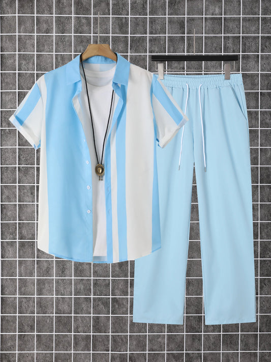 Printed Mens Summer Two Piece Short Sleeve Button Down Shirt And Pants Set